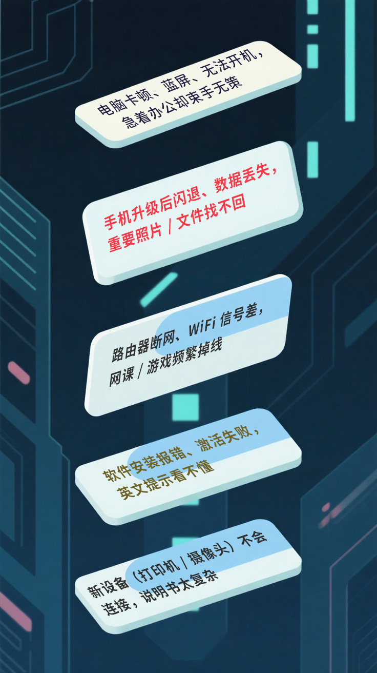电脑卡顿、蓝屏、无法开机，急着办公却束手无策；
手机升级后闪退、数据丢失，重要照片/文件找不回；
路由器断网、WiFi信号差，网课/游戏频繁掉线；
软件安装报错、激活失败，英文提示看不懂；
新设备(打印机|摄像头)不会连接，说明书太复杂